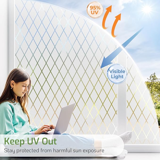 LUTE Frosted Glass Window Privacy Film, Static Cling Non-Adhesive Heat Control Window Cover, Removable Decorative Frosting Decals for Home Office, Lattice Pattern, 23.6" x 118.1"