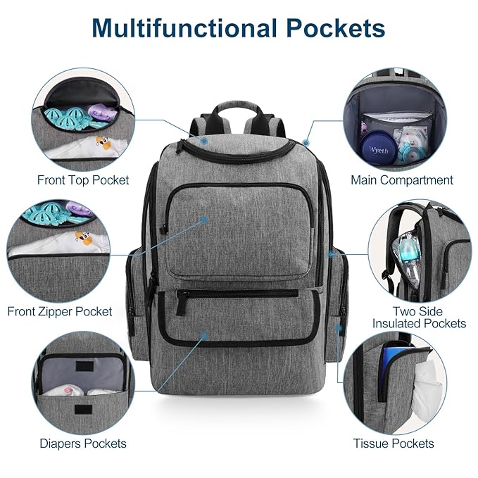Mancro Diaper Bag Backpack, Baby Diaper Bag with 2 Side Insulated Pockets, Travel Diaper Backpack for Men Women with Stroller Straps, Large Capacity and Waterproof, Grey