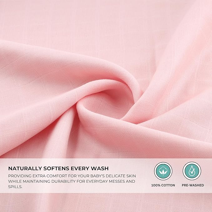 Featherhead 5 Pack Muslin Baby Burp Cloths for Boys & Girls, 22" X 11", Premium Cotton Muslin and Terry Spit up Rags, Super Soft and Absorbent (Pink Solids)