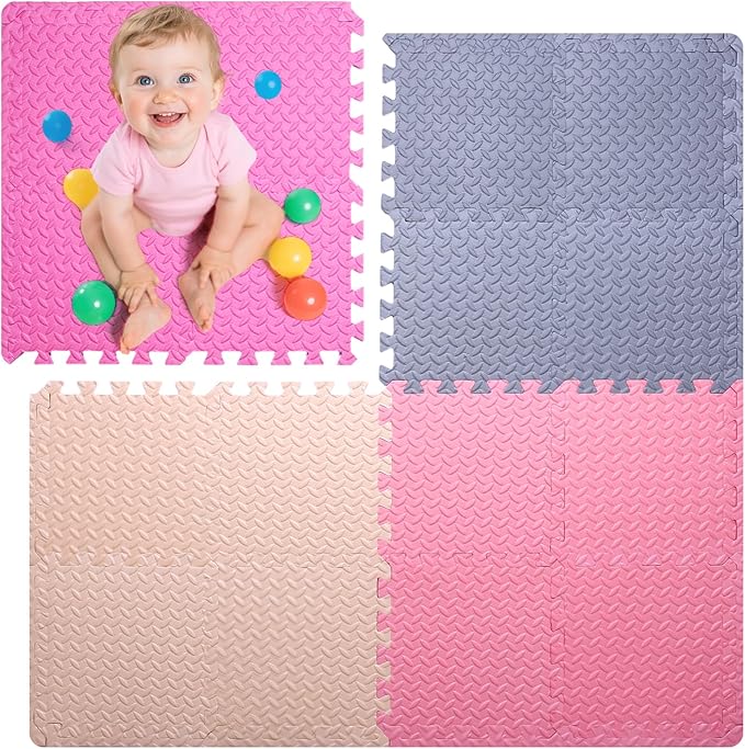 Coolcandy Baby Foam Play Mat 16Pcs with Edge Strips, 4 Colors Interlocking Floor Tiles, 0.4″ Thickened Non-Slip Puzzle Floor Mat for Infants Toddlers Playroom & Daycare