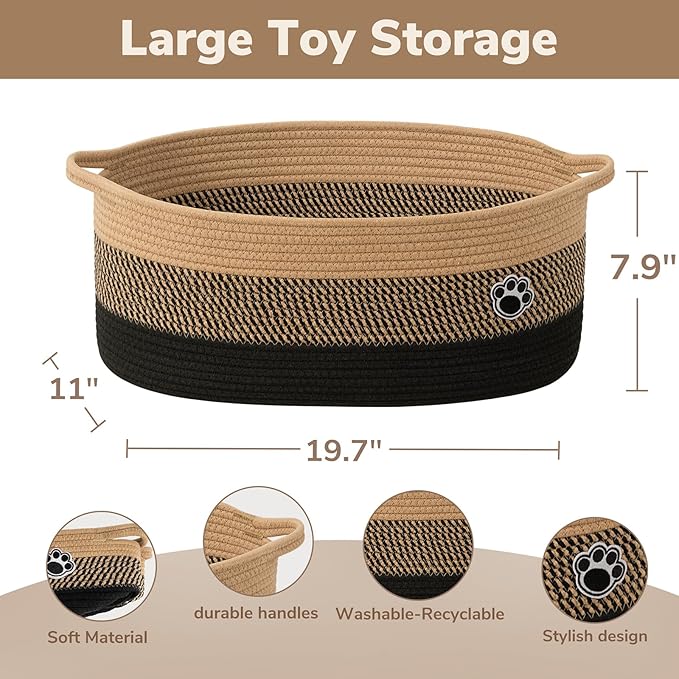 Large Dog Toy Basket, 19.7" X 11" X 7.9" Woven Rope Basket with Handles, Cat Dog Toy Storage Box for Living Room, Gift Baskets for Baby Shower, Black-Brown