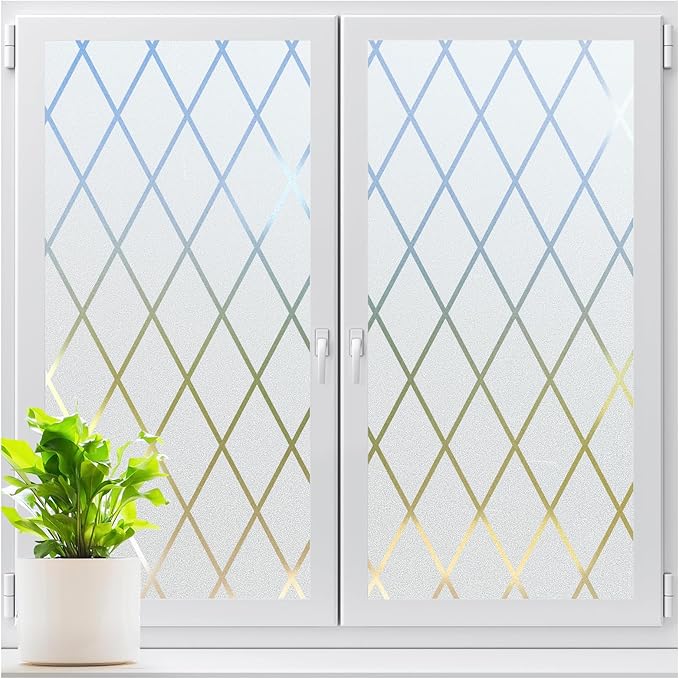 LUTE Frosted Glass Window Privacy Film, Static Cling Non-Adhesive Heat Control Window Cover, Removable Decorative Frosting Decals for Home Office, Lattice Pattern, 23.6" x 118.1"