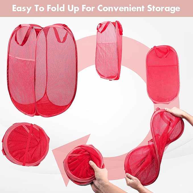 DUCOO Pop Up Laundry Hamper, 70L Collapsible Mesh Laundry Basket with Side Pocket, Foldable Dirty Clothes Hamper with Sturdy Reinforced Handles for Home Dorm Bedroom Travel Storage, Red, 2Pack