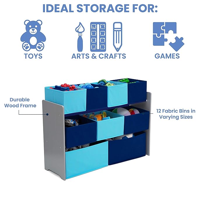 Delta Children Deluxe Multi-Bin Toy Organizer with Storage Bins, Grey/Blue Bins