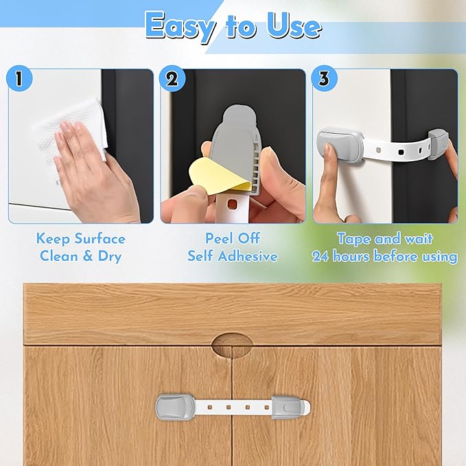 Cabinet Locks Baby Proofing - Adjustable Childproof Drawer Latches Child Safety Cabinet Lock Straps with 3M Adhesives No Drill Multi-Purpose Safety Strap for Furniture Kitchen Ovens Toilet Seats(Grey)