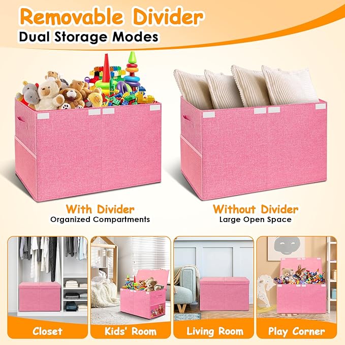 Fineonly Large Toy Storage Box with Lid Upgraded Toy Chest Organizer with Removable PP Divider Foldable Toy Bin for Kids Boys Girls Linen Fabric Toy Box for Playroom Nursery Bedroom (25"x13"x16")