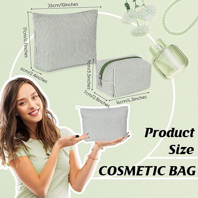 2 Pcs Makeup Bag Set Cute Cosmetic Pouch for Women Seersucker Travel Toiletry Bag Preppy Small Makeup Purse Pouch Aesthetic Skincare Brushes Storage Organizer for Valentine Women(Bean Green)