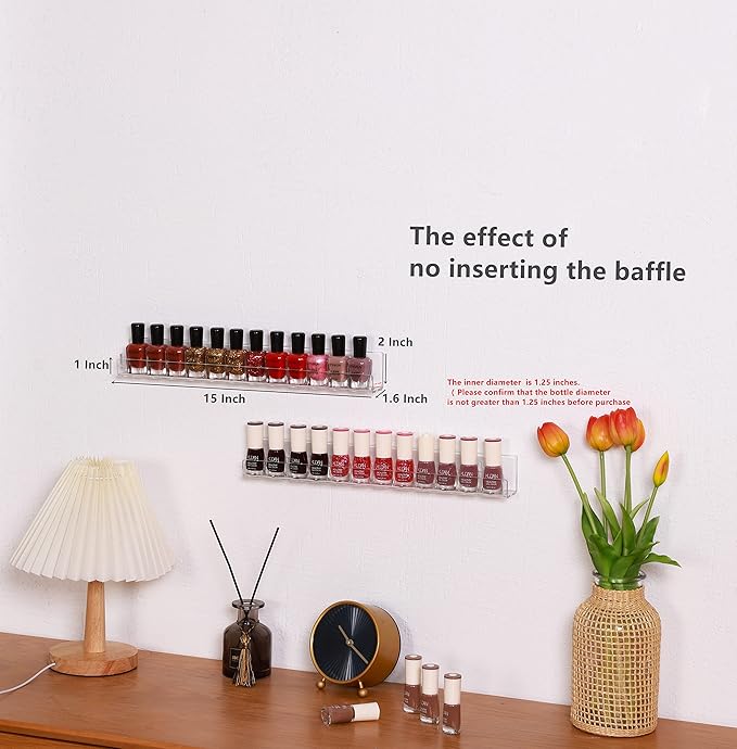LikeU Nail Polish Rack Wall Mounted Shelf 4 Pack, Clear Acrylic Holder Organizer With Removable Anti-slip End Inserts, 4 Tiers Floating Display for 60 Bottles