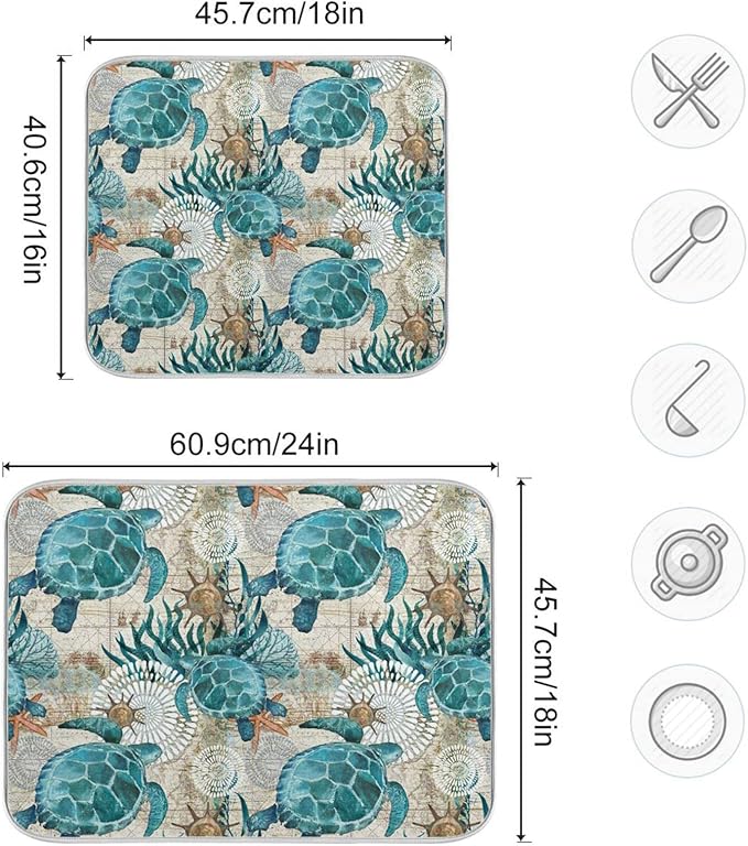 Absorbent Dish Drying Mat for Kitchen Counter - Sea Ocean Turtle Blue Microfiber Drying Pad, Reversible Drainer Mats for Countertop, Large 18" x 24"