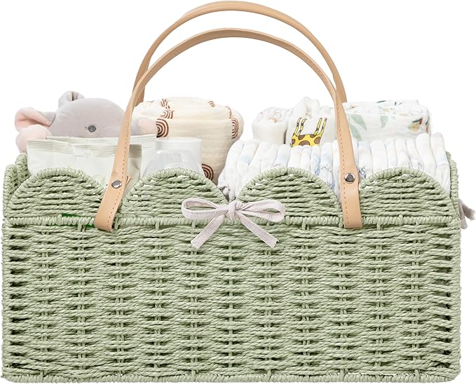 HBlife Large Baby Diaper Caddy, Paper Rope Scalloped Storage Baskets Nursery Bin with Removable Divider, Portable Car Organizer for Diapers, Baby Shower Gifts, Newborn Essentials Must Haves, Green