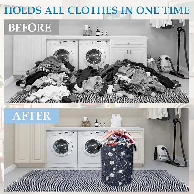 Star Moon Laundry Basket Collapsible Laundry Hamper with Handle, Oxford Clothes Toy Storage Bin for Bathroom Bedroom Room Decor, Gift Basket 16" X 20.8"
