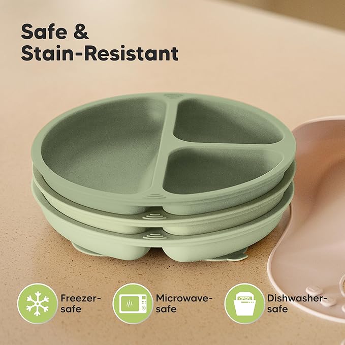 KeaBabies Suction Plates for Baby, Toddler - 3-Pack 100% Silicone Toddler Plates with Suction, Divided, BPA-Free Baby Led Weaning Essentials for Kids, Dishwasher, Microwave Safe, Durable (Sage)