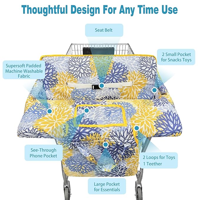Shopping Cart Cover for Baby,2-in-1 High Chair Cover Soft,Portable,and Machine Washable,Comfortable Cotton Seat Pad with Safety Harness and Portable Cloth Bag,Fits All Supermarkets and Restaurants