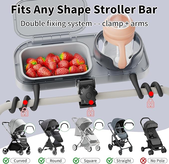 Universal Stroller Snack Tray, 3-in-1 Cup Holder Tray with Clamp & Silicone Arms Grip & Detachable Silicone Tray, Stroller Tray Attachment for Toddler & Kids, Snacking On The Go