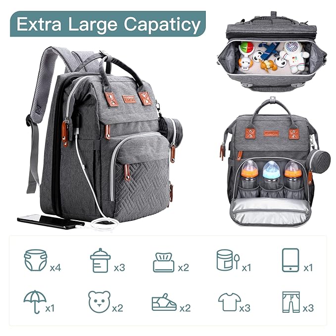 ISMGN Diaper Bag Backpack with Changing Station, Extra Large Diaper Bag, Multifunctional Diaper Bag, Baby Bag, Deep Gray