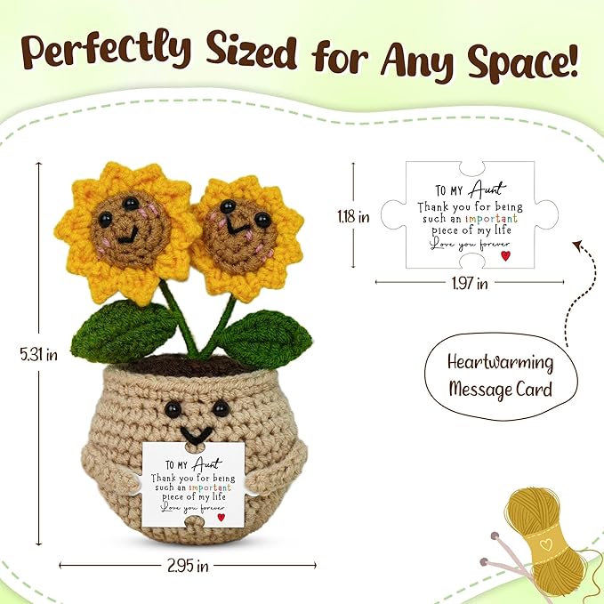 OASSIE Aunt Gifts for Women - Emotional Support Crochet Sunflower with Card for Table Decor - Positive Crochet Mothers Day Birthday Gifts for Aunt from Niece, Auntie Gift, Birthday Gift for Aunts