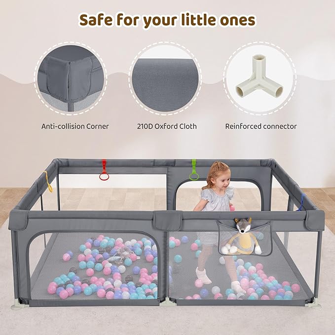 Dripex Large Baby Playpen 71×59 Inch, Large Playpen for Babies and Toddlers- Indoor & Outdoor Kids Safe Play Yard, Soft Breathable Visible Mesh, Anti-Fall & Anti-Slip Design Baby Fence, Light Grey