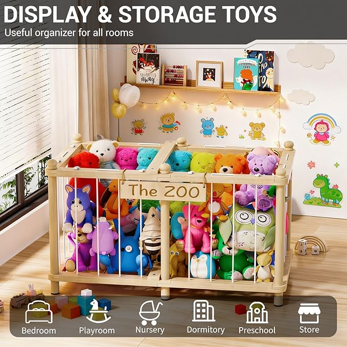 Viktorpai Stuffed Animal Storage Zoo, Wooden Toy Organizers and Storage, Large Capacity Kids Stuffy Organizer, Space Save Stable Plushies Holder Cage for Toddler Room, Bedroom, Playroom & Nursery