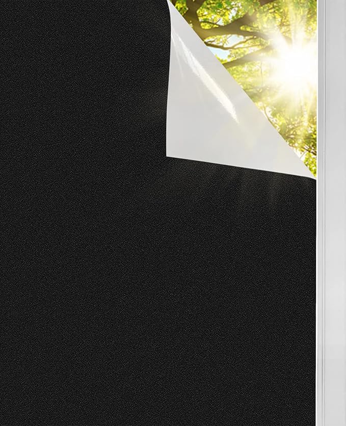 Shackcom Total Blackout Window Film: 100% Light Sun Blocking with Heat Resistant White Side - Room Darkening, Static Cling Film for Privacy & Day Sleep - No Residue, Anti UV Removable(17.5 X 78.7inch)