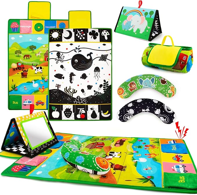 Inbeby Tummy Time Mirror & Play Mat & Pillow 3-in-1, High Contrast Black and White Baby Toys, Activity Mat for Early Education, Newborn Infant Tummy Time Toy Set for 0 3 6 12 Month Crinkle/Squeake