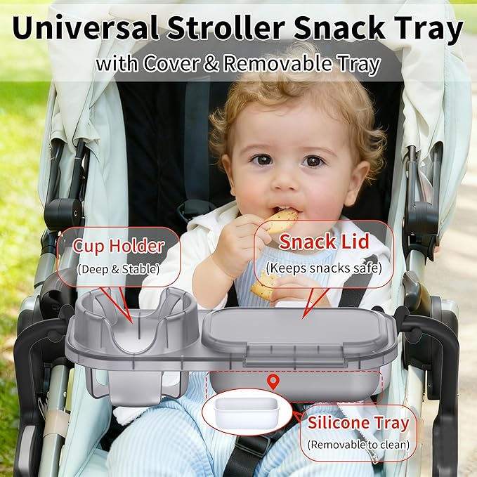 Universal Stroller Snack Tray, 3-in-1 Cup Holder Tray with Clamp & Silicone Arms Grip & Detachable Silicone Tray, Stroller Tray Attachment for Toddler & Kids, Snacking On The Go