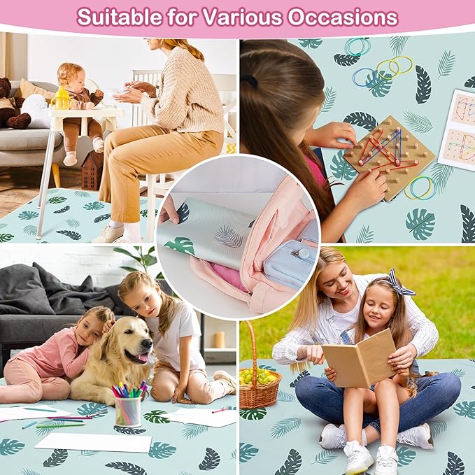 Basumee Splat Mat High Chair Mat Waterproof Baby Play Splat Mat for Under High Chair Food Catcher Highchair Mat for Floor Non Slip Bottom, Blue Leaves, 46x42 Inches