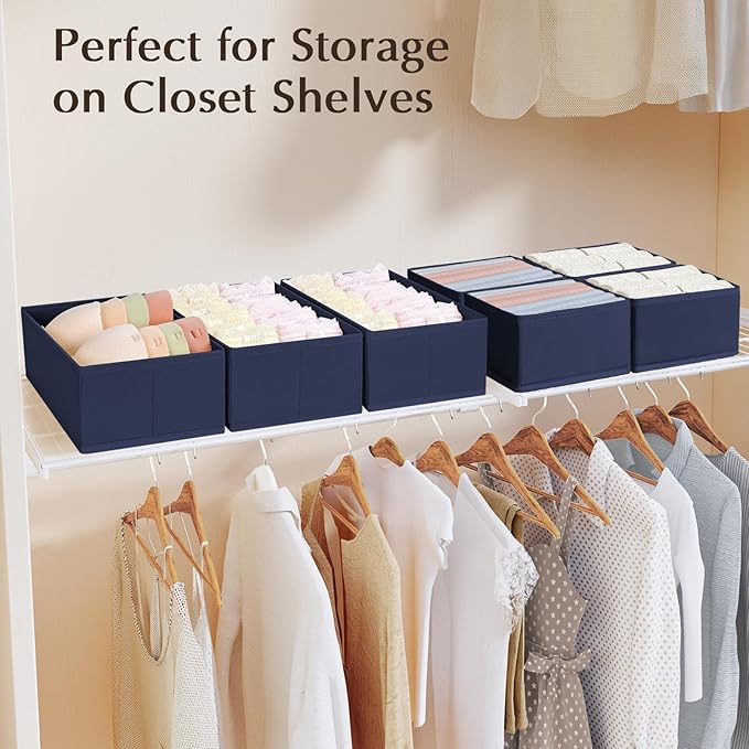 DIMJ Drawer Organizers Clothes, Set of 4 Dresser Organizer Bins, Fabric Closet Organizers and Storage, Shallow Drawer Dividers for Nursery, Clothing, Baby Clothes, Socks, Underwears, Tie (Navy Blue)