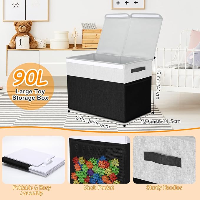 Fiwochic 3 Pack 23" Large Toy Storage Box with 11" Cubes Bins, Collapsible Toy Organizer Chest with Lids for Kids Nursery Playroom Bedroom Living Room Christmas Ornament Storage Box(Black White)