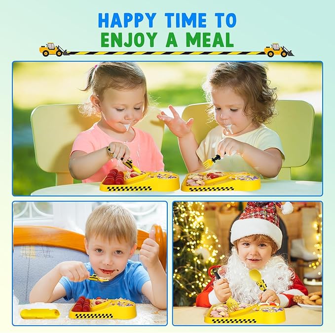Deinyi Construction Toddler Utensils - Reusable Plastic Toddler Fork and Spoon & Storage Case - Suitable for Kids Utensils - Christmas Gifts and Birthday Gifts for 1 2 3 4 5 6 7 year old, Yellow