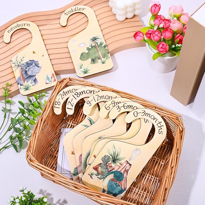 Whaline 8Pcs Baby Closet Size Dividers Dinosaur Theme Design Hanging Wooden Baby Closet Organizer Newborn to 24 Months Thicken Baby Wardrobe Organizer for Home Nursery Baby Clothes Decor