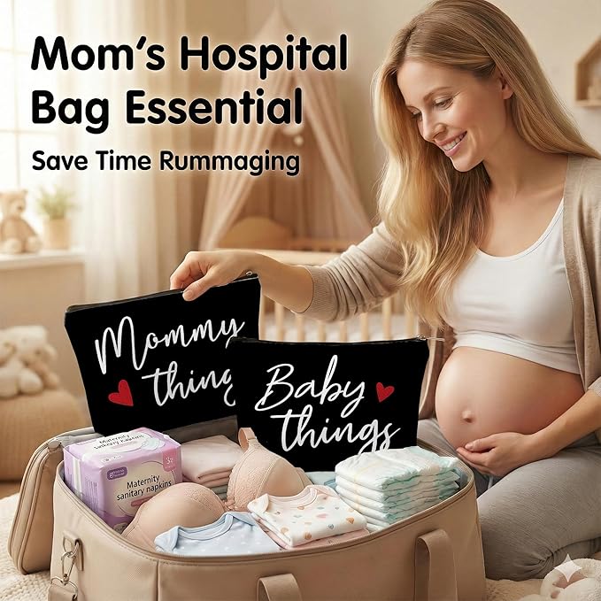 Mommy and Baby Matching Pouch Set, Mommy Things and Baby Things Bags, Gifts for New Moms Expecting Moms, Matching Travel Cases, Black Set of 2