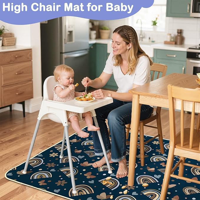 Splat Mat for Under High Chair 42 x 42 Inch Waterproof Baby Splash Mat with Non Slip Bottom Reusable Portable Highchair Mat for Floor Food Catcher for High Chair, Navy Rainbow