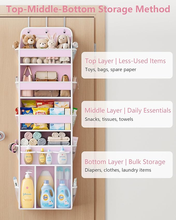 OneDream 5-Tier Over the Door Organizer with Removable Storage Caddy, Baby Clothes Organizer for Nursery, Hanging Behind Door Storage with Clear Pockets and Side Mesh Compartments, Pink