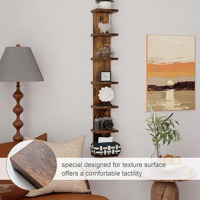 Fun Memories 7 Tier Wall Shelf Unit, Decorative Wall Mount Vertical Shelving, Floating Storage Home Decor Organizer Tall Tower Design Utility Shelving Bedroom Living Room