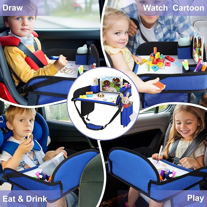 Kids Travel Tray for Car Seat, Toddler Road Trip Essentials with Dry Erase Board & Storage Organizer, Portable Carseat Lap Desk for Travel Activities, Blue