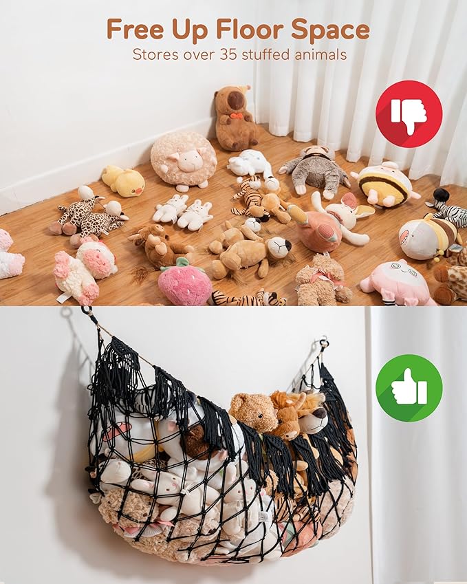 Boho Macrame Stuffed Animal Hammock with LED Lights – Large Wall Hanging Plushie Net, Corner Toy Organizer for Kids Bedroom, Nursery, Playroom & Dorm (Black XXL)