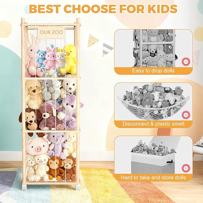 DUOQNY Stuffed Animal Storage, Wood Plush Toy Storage Organizer, Large Capacity Toy Cage with DIY Plaque Hang Small Objects, Gift for Nursery Playroom Kidroom Bedroom (54-Inch)