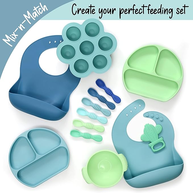 PrimaStella Unbreakable Silicone Non-Slip Bowl and Chew Spoon Set for Babies and Toddlers (Green)