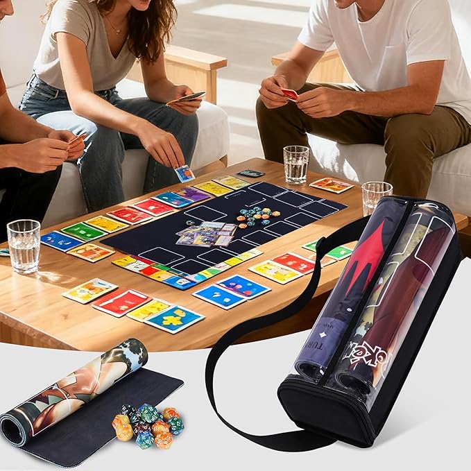 Speqerk Playmat Tube Fits 14'' or 15'' 2 pcs Playmats, Playmat Case Compatible with TCG/MTG Playmats, Playmat Storage Bag Equipped with SeeThrough Window, Hidden Pocket and Adjustable Shoulder Strap