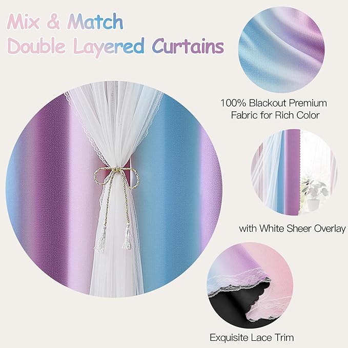 XiDi Double Layer Curtains with Sheer Overlay for Girls Bedroom Living Room 2 Panels 96 Inches Long Colorful Rainbow Blackout Curtains for Kids Unicorn Princess Grommet Drapes Pink Purple W34 x L96
