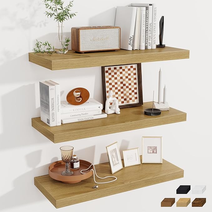 Fun Memories 12 Deep Floating Shelves for Wall | 30W x 12D Large Floating Shelves | 3 Pack Storage Space Wall Mount Shelf for Living Room Bathroom Toilet Laundry Room Kitchen Home Office - Oak