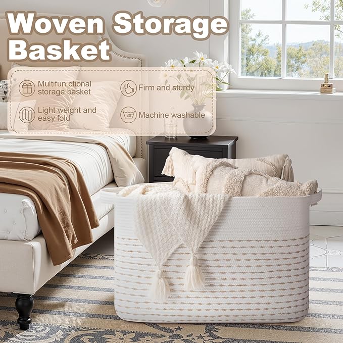 OIAHOMY 108L Extra Large Blanket Basket, 25”x16”x16” Rectangle Woven Cotton Rope Baskets for for Living Room, Toy Storage with Handle- Light Yellow & White