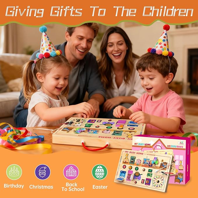 flycoost My Busy Home Montessori Busy Board for Toddlers 1-3, Wooden Sensory Activity Board with Switches, Lights, Clock, Kitchen Appliances Toys, Educational Busy Board for 1+ Year Old Boys Girls