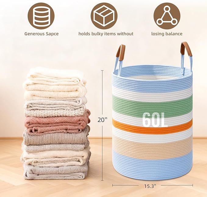 Degeyoyo 60L Striped Laundry Basket, Rainbow Laundry Hamper with Leather Handles, Woven Cotton Rope Storage Bin for Blankets, Nursery Hamper for Clothes, Toys In Bathroom, Livingroom, Bedroom