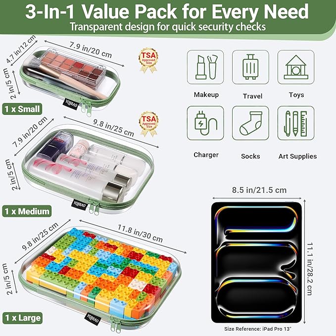 YQBRAO 3-Pack Clear Hard Shell Zipper Case Green, 1.2mm Heavy-Duty Crush-Proof Travel Makeup Bag, Multi-Size (L+M+S) Diaper Bag Organizer Pouches, Rigid Clear Zipper Pouches for Tech, Toys & Home
