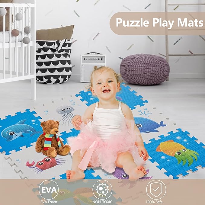 PLAY 10 Puzzle Play Mat, Foam Floor Tiles, Children’s Foam Puzzle Mat Baby Floor Play Mat 34×34 Inches Sea World 9 Pieces