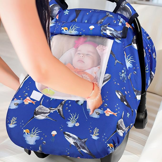 Pea Pod Car Seat Cover Baby, Infant Car Seat Canopy Covers for Newborn with 2 Layers Windows of Breathable Mesh Fabric, Lightweight Polyester/Soft Minky Dot Backing (Ocean)