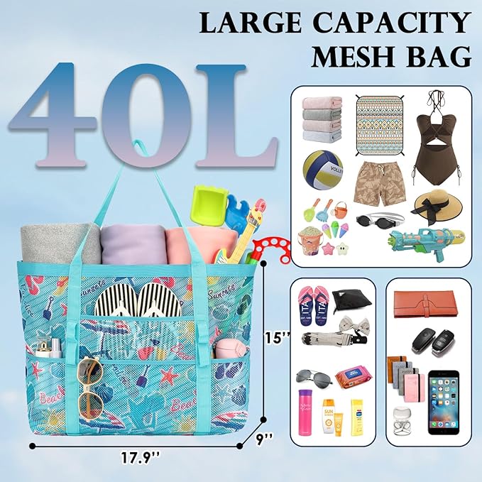 Mesh Beach Bag, Large Beach Tote with Zipper Pocket for Family Pool Bag for Toys & Vacation Essentials