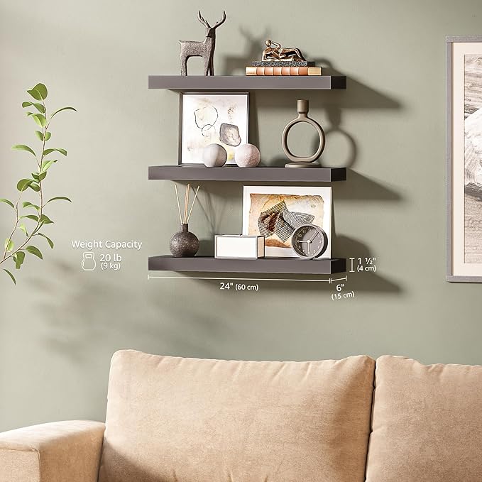 Ballucci Floating Shelves for Wall, 24" Wood Wall Mount Shelf Set of 3, Invisible Brackets Floating Shelf for Decor Living Room, Bathroom, Bedroom, Kitchen, 6" Depth, Black
