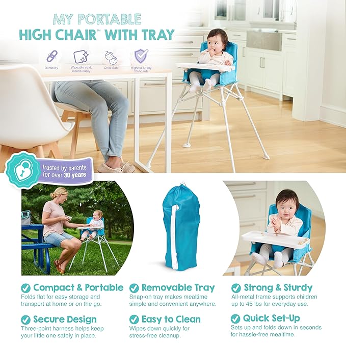 Regalo My Portable High Chair, Foldable High Chair for Babies & Toddlers, Indoor/Outdoor Baby Chair, Travel High Chair with Tray & Cup Holder, Aqua